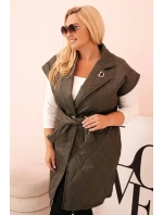 Dámská vesta Plus Size prošívaná s páskem a límcem khaki