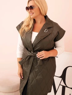 Dámská vesta Plus Size prošívaná s páskem a límcem khaki
