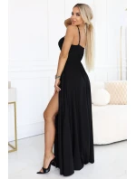 646-4 Dlouhé společenské šaty bez ramínek s rozparkem na nohou - černé