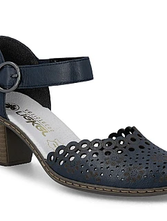 Dámské kožené sandály na jehlovém podpatku pohodlné ažurové tmavě modré Rieker 40902-14