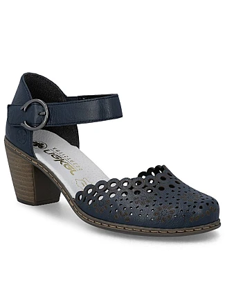 Dámské kožené sandály na jehlovém podpatku pohodlné ažurové tmavě modré Rieker 40902-14 Dámské kožené sandály na jehlovém podpatku pohodlné ažurové tmavě modré Rieker 40902-14