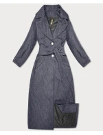 Tmavě modrý dlouhý pruhovaný dámský kabát s páskem S'West (B8542-26)