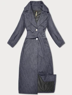 Tmavě modrý dlouhý pruhovaný dámský kabát s páskem S'West (B8542-26)