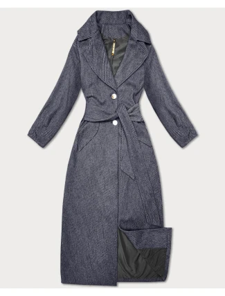 Tmavě modrý dlouhý pruhovaný dámský kabát s páskem S'West (B8542-26)