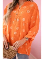 Lněná dámská halenka s květinovým vzorem, dlouhými rukávy a knoflíky Oranžová