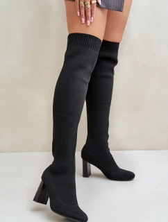 Kozačky Se Školkovou Špicí Nad Koleno Na Podpatku Černé Esanira