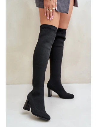 Kozačky Se Školkovou Špicí Nad Koleno Na Podpatku Černé Esanira