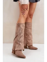 Zdobené Kozačky S Ohnutým Svrškem Na Podpatku Tmavě Béžové Ivilta