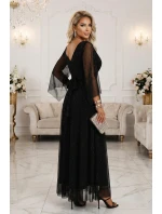 655-1 Dlouhé lehké třpytivé šaty s výstřihem a průhlednými rukávy - černé 655-1 Dlouhé lehké třpytivé šaty s výstřihem a průhlednými rukávy - černé