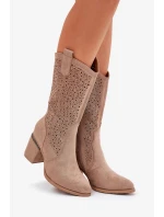 Dámské perforované kozačky do poloviny lýtka ve stylu kovbojek S.Barski – béžové, eko kůže