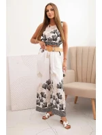 Dámská viskózová souprava top a kalhoty s listovým vzorem černý