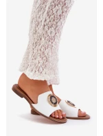 Kožené Pantofle S Dekorací Na Plochém Podpatku Bílé Lewski 3047/O