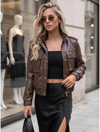 Dámská kožená bomber bunda na přechodné období, hnědá, FashionStreet TY5874 Dámská kožená bomber bunda na přechodné období, hnědá, FashionStreet TY5874