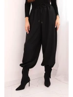 Dámské kalhoty s širokou nohavicí a zavazováním dole černé