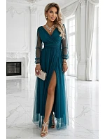 664-2 Dlouhé maxi šaty s tylovými rukávy a obálkovým výstřihem - lahvově zelené