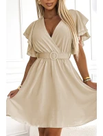 586-1 Dámské šaty s obálkovým výstřihem, rukávy a páskem - béžové