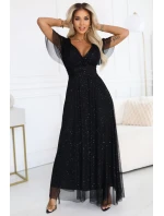 635-2 MELANIA dlouhé lesklé šaty s výstřihem a krátkými rukávy - černé 635-2 MELANIA dlouhé lesklé šaty s výstřihem a krátkými rukávy - černé