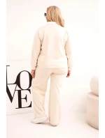 Dámská souprava máslíčko Plus Size s širokými nohavicemi a límečkem béžová