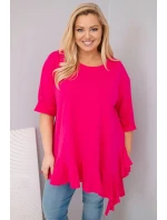 Dámská blůza Plus Size s bavlnou a volánem a ohrnovacími rukávy fuchsie