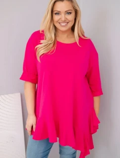 Dámská blůza Plus Size s bavlnou a volánem a ohrnovacími rukávy fuchsie