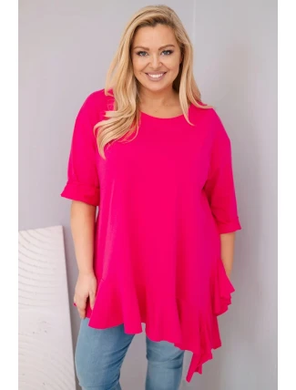 Dámská blůza Plus Size s bavlnou a volánem a ohrnovacími rukávy fuchsie