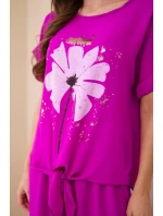 Dámský viskózový komplet s halenkou s potiskem a kalhotami tmavě fialová