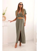 Dlouhá šaty s ozdobným pásem jasné khaki Dlouhá šaty s ozdobným pásem jasné khaki