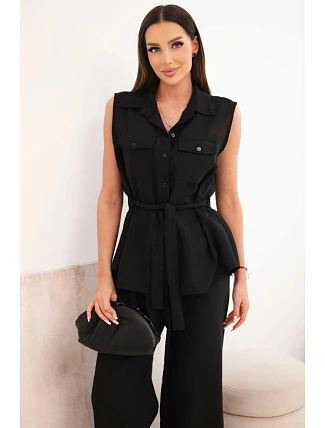 Dámský komplet s vázanou halenkou a širokými kalhotami černý