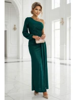 658-2 Třpytivé maxi šaty na jedno rameno s asymetrickými rukávy a rozparkem - lahvově zelené