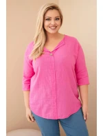 Dámská bavlněná halenka Plus Size s výstřihem na knoflíky růžová