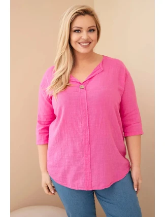 Dámská bavlněná halenka Plus Size s výstřihem na knoflíky růžová