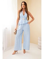 Dámský viskózový komplet vázaný top a kalhoty s širokými nohavicemi modrý Dámský viskózový komplet vázaný top a kalhoty s širokými nohavicemi modrý