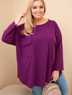 Dámská blůza Plus Size s bavlnou, s kapsou a ohrnutým rukávem tmavě fialová
