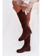 Dámské síťované kozačky na nízkém podpatku S.Barski HY61-8023 Čokoládové