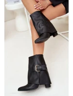 Zateplené boty na podpatku s ohrnutým svrškem a zlatou sponou černé Ylenara