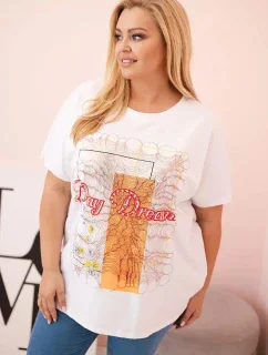 Dámská bavlněná halenka Plus Size s potiskem „Day Dream“ bílá + oranžová