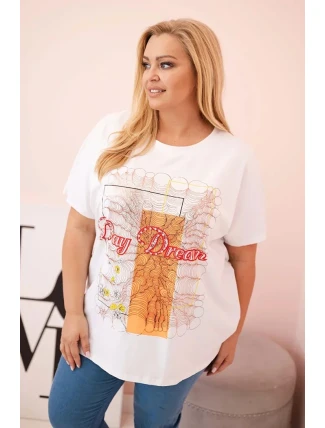 Dámská bavlněná halenka Plus Size s potiskem „Day Dream“ bílá + oranžová