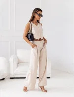Elegantní béžový dámský komplet - krátká vesta a široké kalhoty (VE90) Elegantní béžový dámský komplet - krátká vesta a široké kalhoty (VE90)