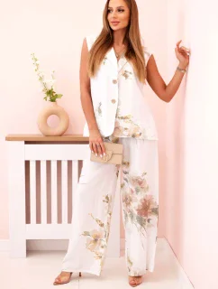 Dámská souprava z viskózy, vesta a kalhoty květinové bílý