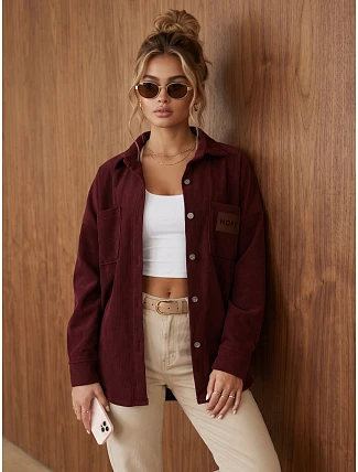 Dámská oversize košilová bunda z kordové látky, vínová, FashionStreet TY6055 Dámská oversize košilová bunda z kordové látky, vínová, FashionStreet TY6055
