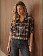 Dámská flanelová košile s kostkovaným vzorem, hnědá, FashionStreet DY0499 Dámská flanelová košile s kostkovaným vzorem, hnědá, FashionStreet DY0499