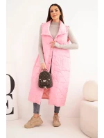 Dámská dlouhá prošívaná vesta s kapsami a stojáčkem světle růžová