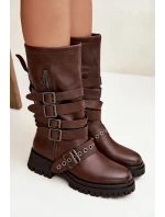 Zateplené dámské kozačky s pásky a přezkami hnědé Ivaline
