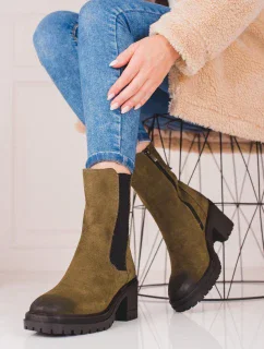 Zajímavé dámské  kotníčkové boty hnědé na širokém podpatku