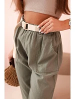 Dámské lněné kalhoty s bavlnou a páskem khaki