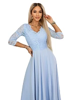 309-15 AMBER elegantní dlouhé krajkové šaty s výstřihem - modré