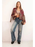 Dámská semišová bunda s třásněmi v leopardím vzoru bordová