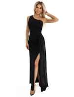 600-1 SELENA fenomenální dlouhé šaty na jedno rameno s třpytivými glitry a rozparkem na nohou - BLACK