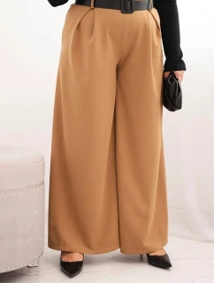 Dámské kalhoty Plus Size s širokou nohavicí a páskem camelové