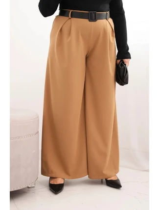 Dámské kalhoty Plus Size s širokou nohavicí a páskem camelové